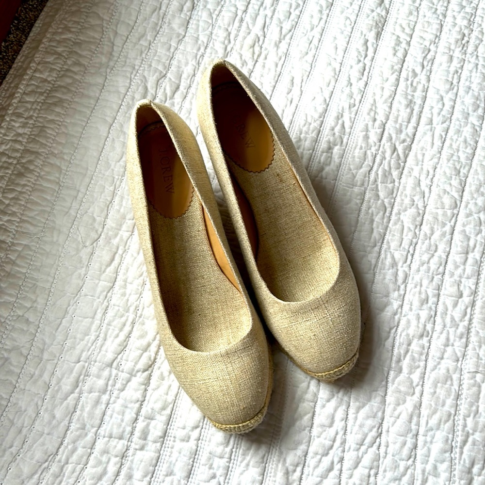 J Crew Seville Espadrilles Wedges Shoes Neutral Beige Linen Gold Metallic